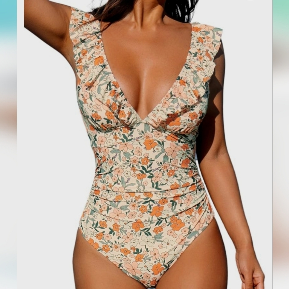 Ruffled One Piece Swimsuit V Neck Lace‎ Up SZ S